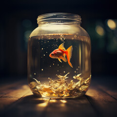 Beautiful bright small goldfish in jar glass aquarium on table indoors.