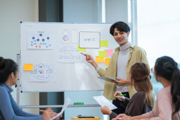 Wall Mural - ux developer and ui designer use augmented reality brainstorming about mobile app interface wirefram