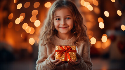 Wall Mural - Niña sosteniendo un regalo de navidad. Primer plano de niña el dia de navidad. 