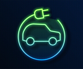 Canvas Print - Glowing neon line Electric car and electrical cable plug charging icon isolated on blue background. Renewable eco technologies. Vector