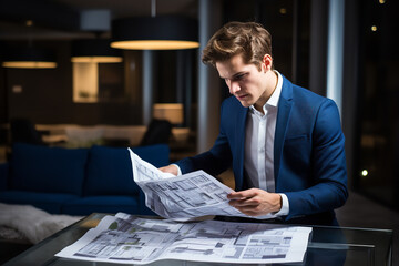 Wall Mural - A young professional examines apartment blueprints spread across a table, contemplating a first-time home purchase