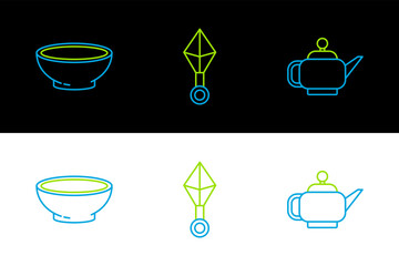 Poster - Set line Japanese tea ceremony, Bowl of hot soup and ninja shuriken icon. Vector