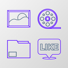 Sticker - Set line Like in speech bubble, Document folder, Film reel and Picture landscape icon. Vector