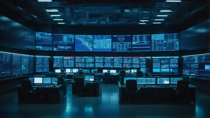Wall Mural - Security room with computers, stock market data and stock exchange data. CCTV cameras in surveillance room. Cybersecurity concept. 