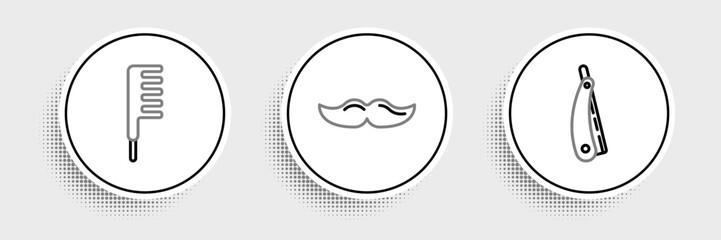 Sticker - Set line Straight razor, Hairbrush and Mustache icon. Vector