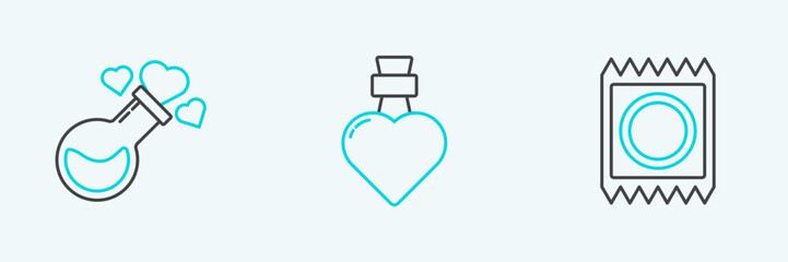 Wall Mural - Set line Condom in package, Bottle with love potion and icon. Vector