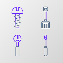 Sticker - Set line Screwdriver, Adjustable wrench, Snow shovel and Metallic screw icon. Vector