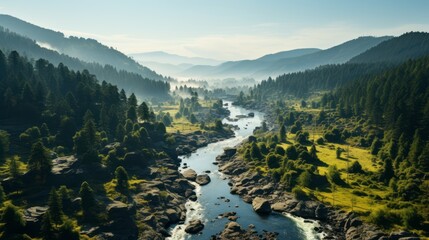 Poster - Mountain river on a beautiful summer day. Scenic Landscape of mountains,  mountain river. Beautiful drone shot of the river in the mountains. Nature composition. Beautiful natural landscape. Blue sky
