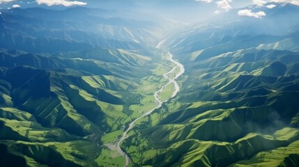Poster - Mountain river on a beautiful summer day. Scenic Landscape of mountains,  mountain river. Beautiful drone shot of the river in the mountains. Nature composition. Beautiful natural landscape. Blue sky