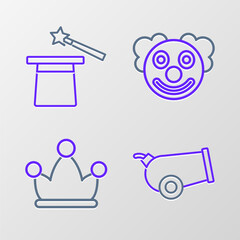 Poster - Set line Cannon, Jester hat with bells, Clown head and Magic and wand icon. Vector