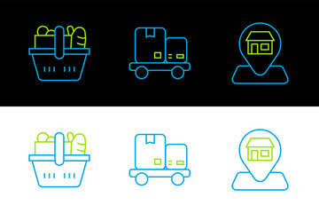 Poster - Set line Location Market store, Shopping basket and food and Hand truck boxes icon. Vector