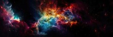 An Imaginary Background Image Presented In A Panoramic Format, Featuring A Nebula With Colorful And Fluffy Clouds Swirling Around A Radiant Light Source. Photorealistic Illustration