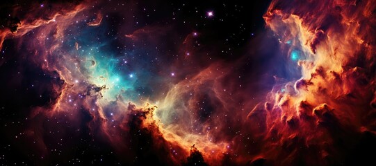 An imaginary background image presented in a wide format, showcasing a nebula with a central light source, creating a panoramic scene for artistic inspiration. Photorealistic illustration