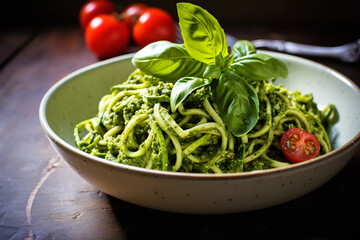 Wall Mural - Spiralized zucchini noodles are generously tossed in a vibrant pesto sauce, served in a white bowl
