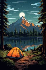 a camping tent in a nature hiking spot, relaxing during a hike in mountain, next to lake river