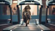 Cat in a gym fitness center, engaging in workout routine. Funny approach to healthy and active lifestyle for overweight cat. Physical fitness for domestic home animals.