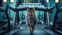 Cat In A Gym Fitness Center, Engaging In Workout Routine. Funny Approach To Healthy And Active Lifestyle For Overweight Cat. Physical Fitness For Domestic Home Animals.