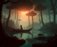 Old Man Rowing In A Boat On The Lake In Beautiful Fantastic Mushroom Forest During The Sun Down, Dreamy Fantasy Illustration In A Luminous Atmosphere Of Exotic Landscape