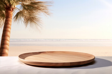 Poster - Wooden round board on table in front of blurred beach background. High quality photo