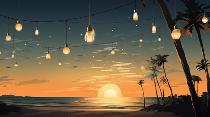 Wall Mural - vector art of Hanging holiday lights decorations for beach party invitations, inspirational cards, dates, and birthdays.