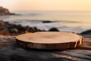 Poster - Empty round wooden table in front of blurred sea background. For product display. High quality photo