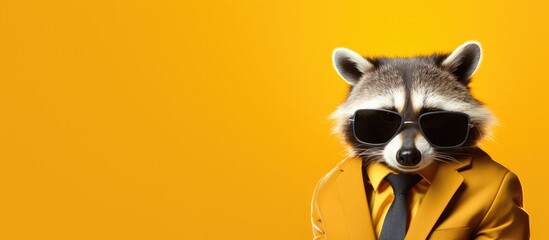 Wall Mural - Animal racoon portraits, Cool business animal in sunglasses and suit. With copy text space, wide screen. Simple background, Generative AI