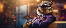 Animal Squirel  Portraits, Cool Business Animal In Sunglasses And Suit. With Copy Text Space, Wide Screen. Simple Background, Generative AI