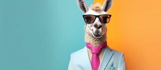 Wall Mural - Animal llama portraits, Cool business animal in sunglasses and suit. With copy text space, wide screen. Simple background, Generative AI