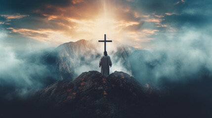 Wall Mural - jesus  on mountain top and cross. ai generative