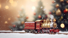 Toy Train Running Around The Christmas Tree, Christmas. Ai Generative