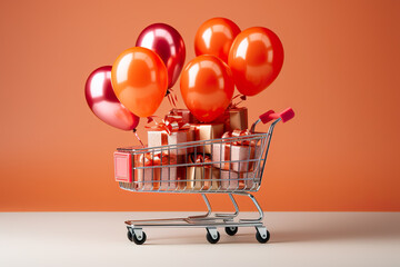 Wall Mural - Colorful gift boxes in shopping cart on orange background. 