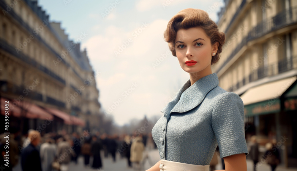 Model showcases classic 1950s fashion on a bustling Parisian street ...