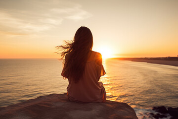 Rear view of woman enjoying ocean sunset view while sitting on a rock