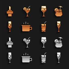 Wall Mural - Set Coffee cup, Cocktail, Glass champagne, Wooden cork for wine and icon. Vector