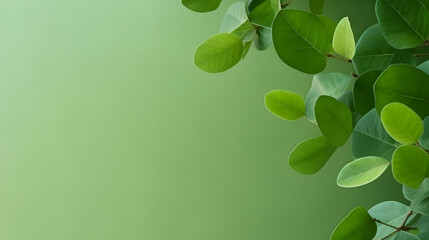 Wall Mural - Fresh green leaves on green background, space for text