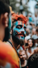 Poster - A man with his face painted with colorful paint, AI