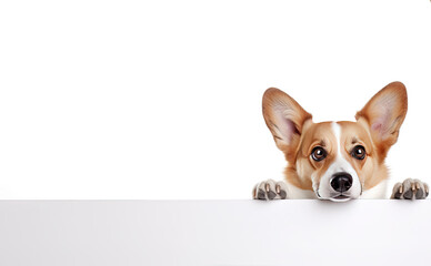 Wall Mural - Corgi dog peeks behind a white banner on a white background with space for product placement or advertising text.