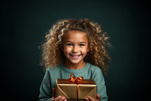 Little Child Cute Girl Smile And Excited, Kid Dressed In Winter Sweater Hold Wrapped Gift Box In Hands. Holiday Event Celebration Christmas Xmas Day Happy New Year Isolated On Studio Green Background
