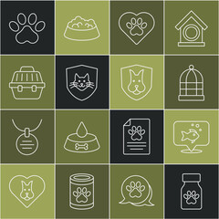 Wall Mural - Set line Medicine bottle and pills, Fish, Cage for birds, Heart with animals footprint, Animal health insurance, Pet carry case, Paw and icon. Vector