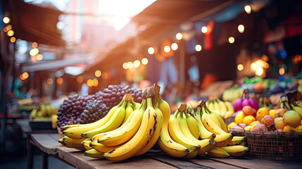 Wall Mural - Bananas on the table with market background