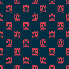 Wall Mural - Red line Train and railway icon isolated seamless pattern on black background. Public transportation symbol. Subway train transport. Metro underground. Vector