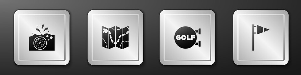 Set Golf ball in water, course layout, sport club and flag icon. Silver square button. Vector