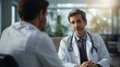 © Georgii - Senior gray-haired doctor in white uniform with stethoscope talks with his younger colleague in medical facility. Experienced clinician discusses diagnosis with coworker. Teamwork and communication.