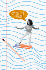 Poster - Photo collage artwork minimal picture of smiling carefree ladies surfing eraser notebook lines isolated graphical background