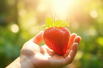 Wall Mural - closeup hand hold strawberry with blur nature