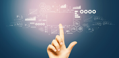 Wall Mural - Industry 4.0 theme with hand pressing a button on a technology screen