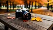 Camera and autumn grape leaves
