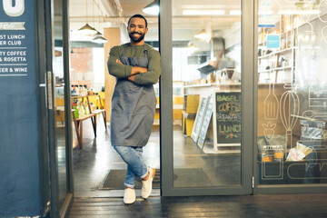 Sticker - Happy man, portrait and small business owner on door of cafe with arms crossed in confidence or retail management. Male person, barista or waiter smile by entrance of coffee shop or ready for service