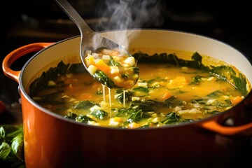 Poster - wooden spoon stirring homemade soup in a pot