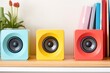 brightly painted wooden speakers on a minimalist white shelf
